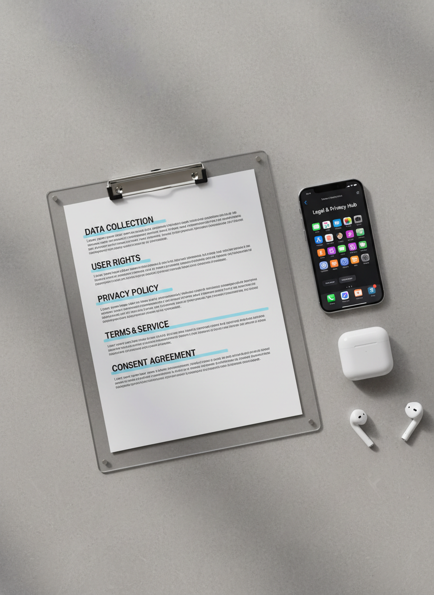 A close-up, photographic image of a transparent acrylic clipboard holding a multi-page legal document with bold section titles like “Data Collection” and “User Rights” highlighted with light blue lines. The clipboard rests on a smooth, light gray concrete surface, accompanied by a neatly aligned pair of wireless earbuds case and a smartphone with app icons visible. Soft studio lighting from above creates gentle, even illumination and subtle shadows, conveying clarity and precision. Shot from a top-down, bird’s-eye view with sharp focus throughout, the composition feels structured, minimalist, and authoritative, perfectly aligned with a professional app legal and privacy hub.