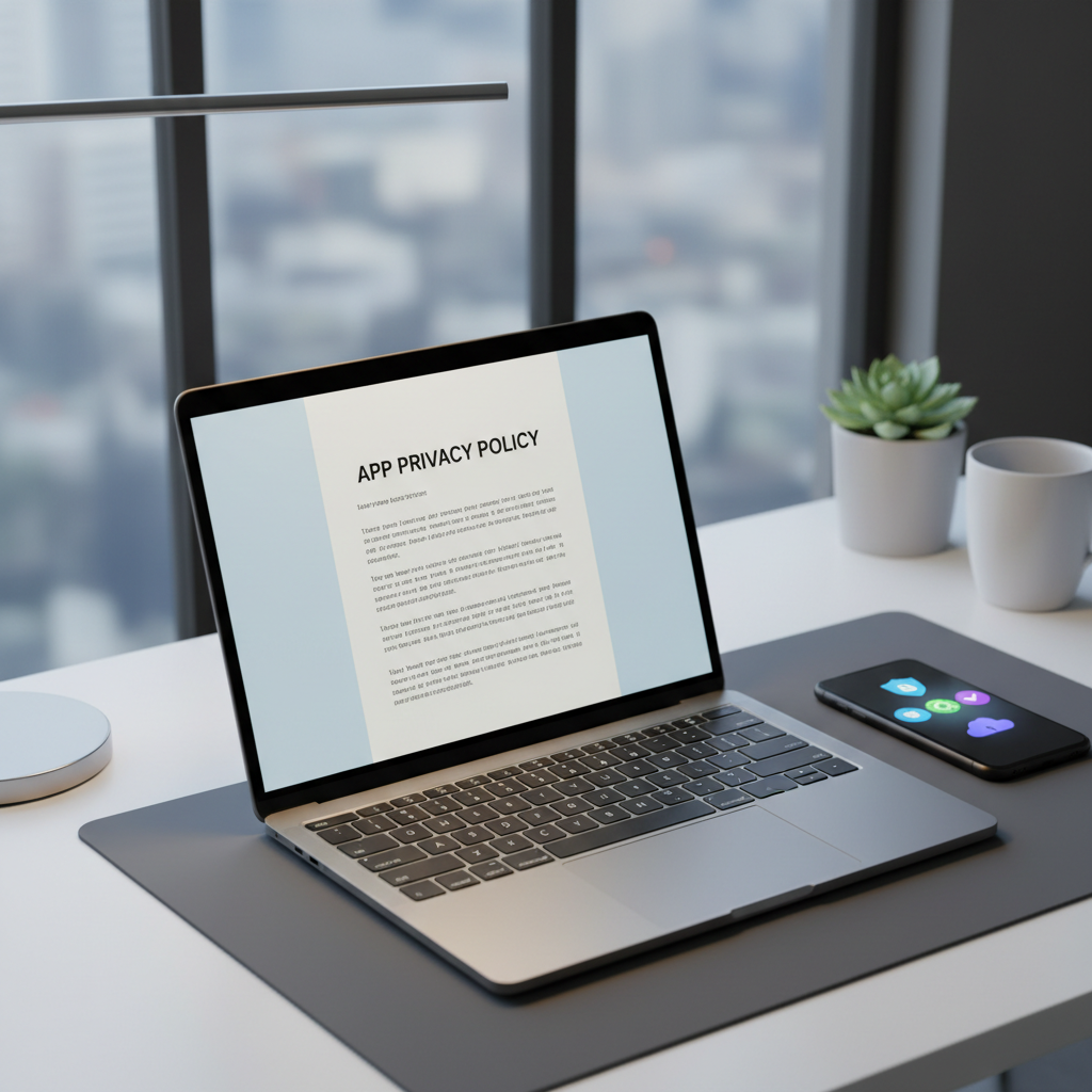 An ultra-clean desktop scene featuring an open laptop with a high-resolution screen showing a legal document titled “App Privacy Policy” in a clear, sans-serif font. Next to the laptop, a neatly arranged trio of icons representing different mobile apps sit on a matte black smartphone, its display softly glowing. A slim, metal desk lamp casts warm, focused light on the keyboard and trackpad, while cool ambient light from a nearby window balances the scene. Photographic realism with a slightly elevated angle and rule-of-thirds composition, emphasizing organization, transparency, and professionalism in a modern, technology-focused workspace.